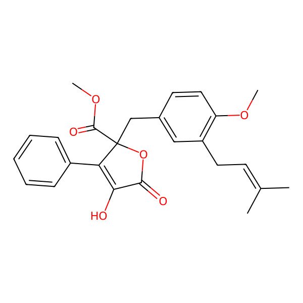 2D Structure of Methyl 4-hydroxy-2-[[4-methoxy-3-(3-methylbut-2-enyl)phenyl]methyl]-5-oxo-3-phenylfuran-2-carboxylate