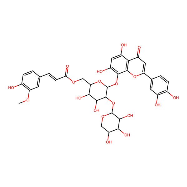 2D Structure of [(2R,3S,4S,5R,6S)-6-[2-(3,4-dihydroxyphenyl)-5,7-dihydroxy-4-oxochromen-8-yl]oxy-3,4-dihydroxy-5-[(2S,3R,4S,5R)-3,4,5-trihydroxyoxan-2-yl]oxyoxan-2-yl]methyl (E)-3-(4-hydroxy-3-methoxyphenyl)prop-2-enoate