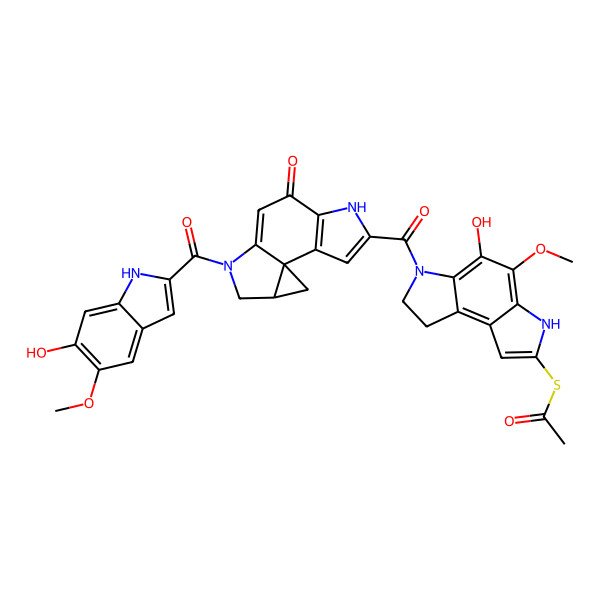2D Structure of S-[5-hydroxy-6-[10-(6-hydroxy-5-methoxy-1H-indole-2-carbonyl)-7-oxo-5,10-diazatetracyclo[7.4.0.01,12.02,6]trideca-2(6),3,8-triene-4-carbonyl]-4-methoxy-7,8-dihydro-3H-pyrrolo[3,2-e]indol-2-yl] ethanethioate