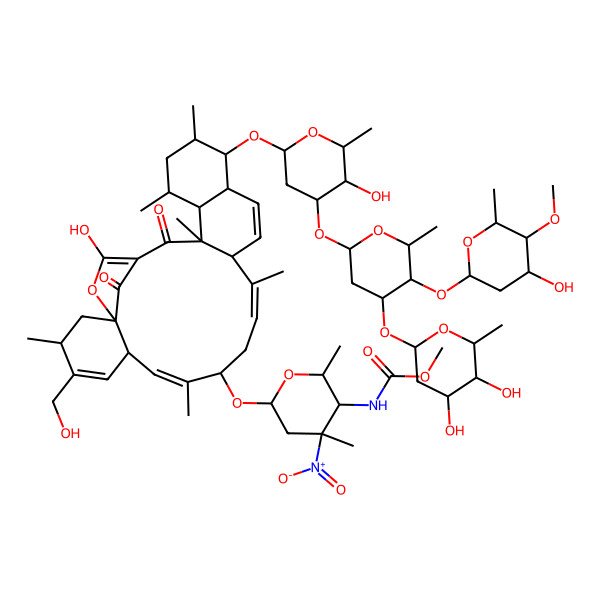 2D Structure of methyl N-[(2R,3R,4S,6R)-6-[[(3R,6S,7E,9S,11Z,13S,16S,17S,18S,20S,21R,22S)-17-[(2R,4R,5S,6S)-4-[(2S,4R,5S,6S)-4-[(2S,4R,5R,6S)-4,5-dihydroxy-6-methyloxan-2-yl]oxy-5-[(2R,4R,5R,6S)-4-hydroxy-5-methoxy-6-methyloxan-2-yl]oxy-6-methyloxan-2-yl]oxy-5-hydroxy-6-methyloxan-2-yl]oxy-25-hydroxy-4-(hydroxymethyl)-3,8,12,18,20,22-hexamethyl-23,27-dioxo-26-oxapentacyclo[22.2.1.01,6.013,22.016,21]heptacosa-4,7,11,14,24-pentaen-9-yl]oxy]-2,4-dimethyl-4-nitrooxan-3-yl]carbamate