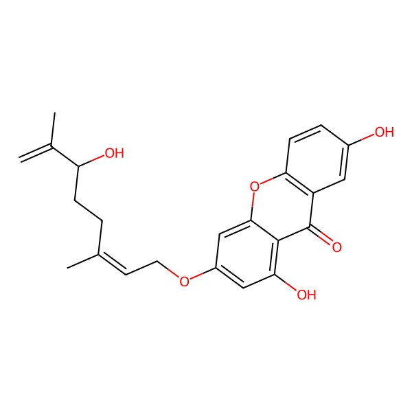 2D Structure of 1,7-dihydroxy-3-[(2E,6R)-6-hydroxy-3,7-dimethylocta-2,7-dienoxy]xanthen-9-one