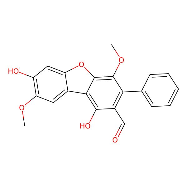2D Structure of 1,7-Dihydroxy-4,8-dimethoxy-3-phenyldibenzofuran-2-carbaldehyde
