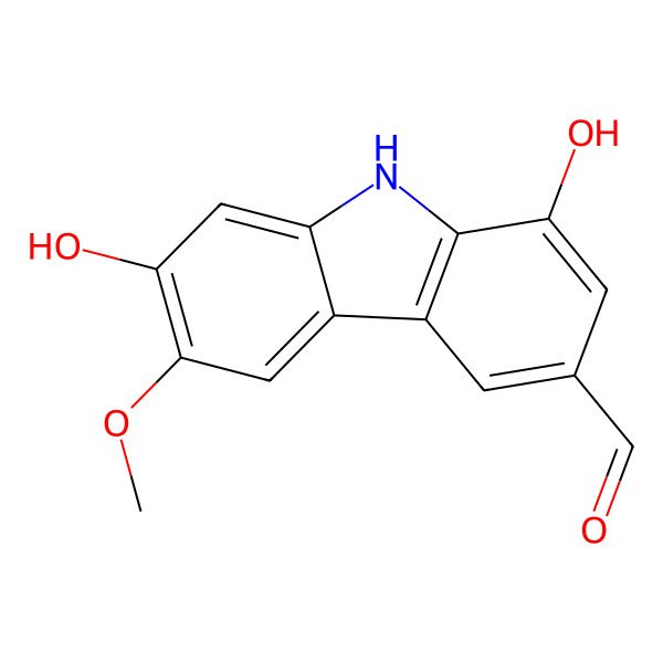 2D Structure of 1,7-dihydroxy-6-methoxy-9H-carbazole-3-carbaldehyde