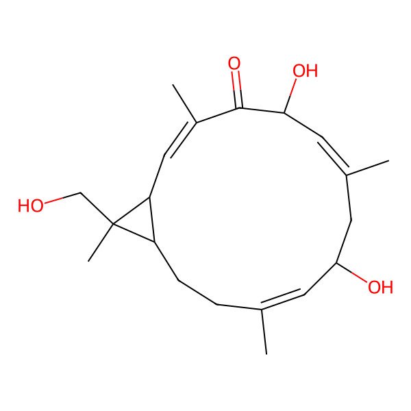 2D Structure of (1S,2E,5S,6E,9R,10Z,14R,15S)-5,9-dihydroxy-15-(hydroxymethyl)-3,7,11,15-tetramethylbicyclo[12.1.0]pentadeca-2,6,10-trien-4-one