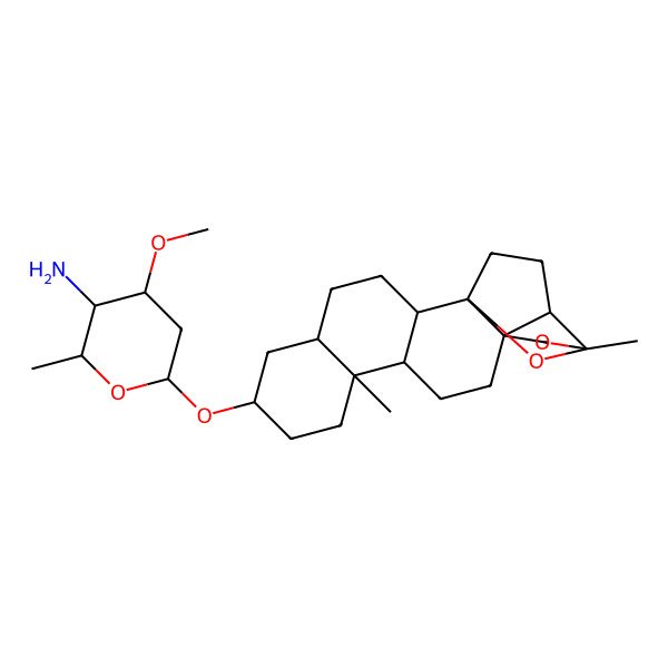 2D Structure of (2R,3S,4R,6S)-6-[[(1S,2R,5S,7S,10R,11R,14R,17S,18S)-10,17-dimethyl-16,21-dioxahexacyclo[15.3.1.01,14.02,11.05,10.014,18]henicosan-7-yl]oxy]-4-methoxy-2-methyloxan-3-amine