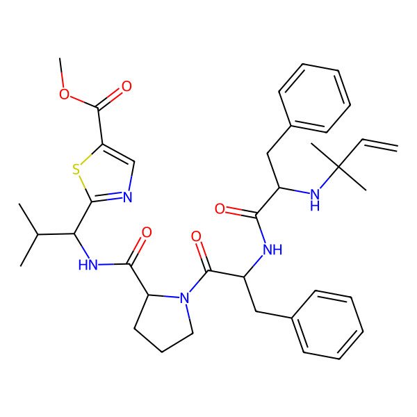 2D Structure of methyl 2-[(1R)-2-methyl-1-[[(2S)-1-[(2S)-2-[[(2S)-2-(2-methylbut-3-en-2-ylamino)-3-phenylpropanoyl]amino]-3-phenylpropanoyl]pyrrolidine-2-carbonyl]amino]propyl]-1,3-thiazole-5-carboxylate