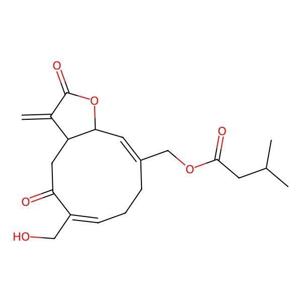 2D Structure of [(3aS,6Z,10Z,11aR)-6-(hydroxymethyl)-3-methylidene-2,5-dioxo-4,8,9,11a-tetrahydro-3aH-cyclodeca[b]furan-10-yl]methyl 3-methylbutanoate