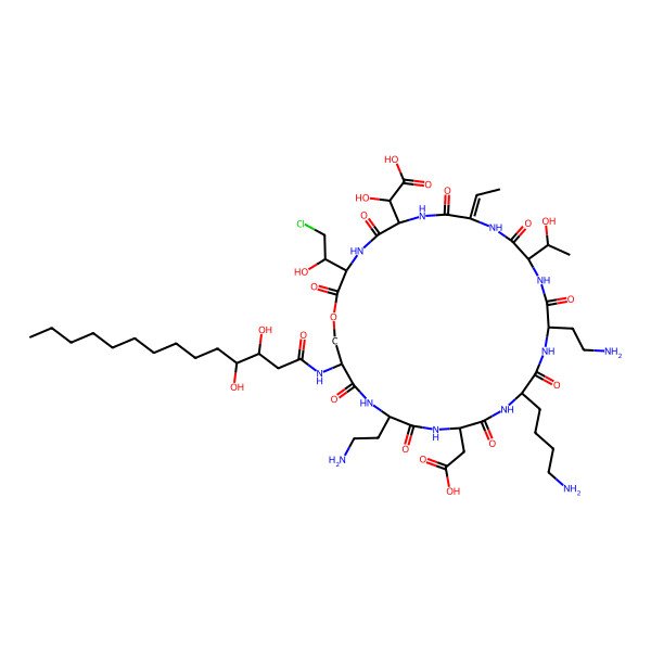 2D Structure of 2-[18-(4-Aminobutyl)-15,24-bis(2-aminoethyl)-21-(carboxymethyl)-3-(2-chloro-1-hydroxyethyl)-27-(3,4-dihydroxytetradecanoylamino)-9-ethylidene-12-(1-hydroxyethyl)-2,5,8,11,14,17,20,23,26-nonaoxo-1-oxa-4,7,10,13,16,19,22,25-octazacyclooctacos-6-yl]-2-hydroxyacetic acid