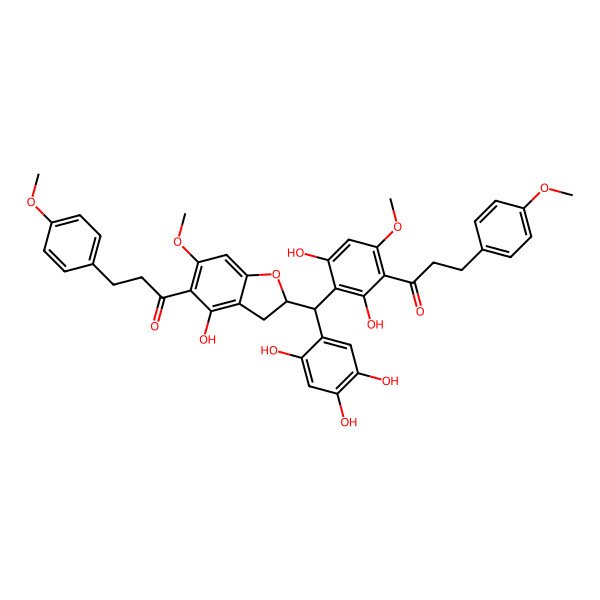 2D Structure of 1-[2,4-Dihydroxy-3-[[4-hydroxy-6-methoxy-5-[3-(4-methoxyphenyl)propanoyl]-2,3-dihydro-1-benzofuran-2-yl]-(2,4,5-trihydroxyphenyl)methyl]-6-methoxyphenyl]-3-(4-methoxyphenyl)propan-1-one