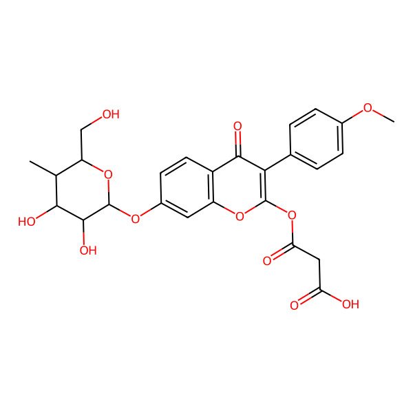 2D Structure of 3-[7-[(2R,3R,4S,5S,6S)-3,4-dihydroxy-6-(hydroxymethyl)-5-methyloxan-2-yl]oxy-3-(4-methoxyphenyl)-4-oxochromen-2-yl]oxy-3-oxopropanoic acid