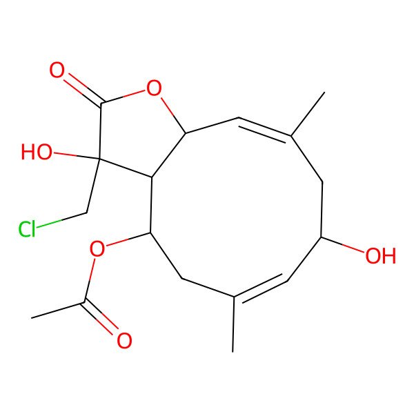 2D Structure of [(3S,3aR,4R,6E,8R,10E,11aR)-3-(chloromethyl)-3,8-dihydroxy-6,10-dimethyl-2-oxo-3a,4,5,8,9,11a-hexahydrocyclodeca[b]furan-4-yl] acetate