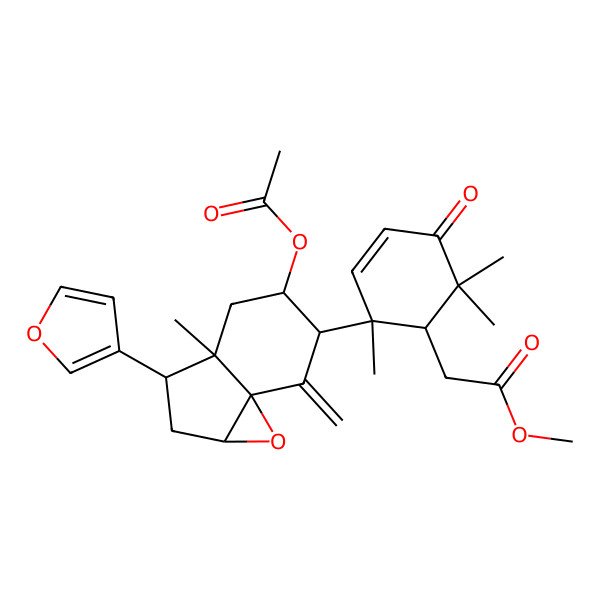 2D Structure of methyl 2-[(1S,2S)-2-[(1aR,3S,3aS,5R,6R,7aS)-5-acetyloxy-3-(furan-3-yl)-3a-methyl-7-methylidene-1a,2,3,4,5,6-hexahydroindeno[1,7a-b]oxiren-6-yl]-2,6,6-trimethyl-5-oxocyclohex-3-en-1-yl]acetate