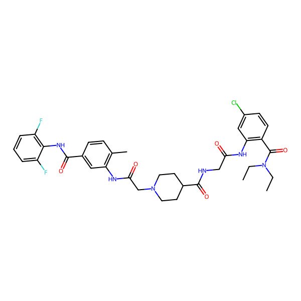 2D Structure of N-[2-[5-chloro-2-(diethylcarbamoyl)anilino]-2-oxoethyl]-1-[2-[5-[(2,6-difluorophenyl)carbamoyl]-2-methylanilino]-2-oxoethyl]piperidine-4-carboxamide