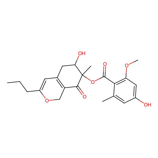 2D Structure of (6-hydroxy-7-methyl-8-oxo-3-propyl-5,6-dihydro-1H-isochromen-7-yl) 4-hydroxy-2-methoxy-6-methylbenzoate
