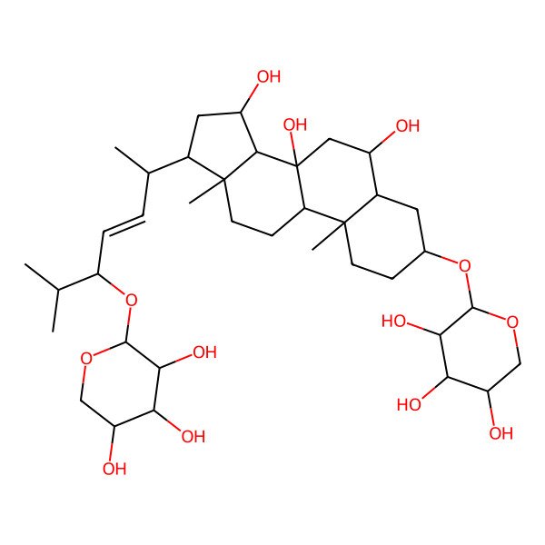 2D Structure of 2-[[6,8,15-Trihydroxy-10,13-dimethyl-17-[6-methyl-5-(3,4,5-trihydroxyoxan-2-yl)oxyhept-3-en-2-yl]-1,2,3,4,5,6,7,9,11,12,14,15,16,17-tetradecahydrocyclopenta[a]phenanthren-3-yl]oxy]oxane-3,4,5-triol