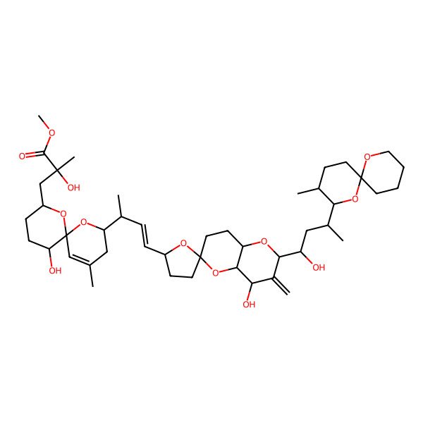 2D Structure of methyl (2R)-3-[(2S,6R,8S,11R)-2-[(E,2R)-4-[(2S,2'S,4R,4aS,6R,8aR)-4-hydroxy-2-[(1S,3S)-1-hydroxy-3-[(2S,3R,6S)-3-methyl-1,7-dioxaspiro[5.5]undecan-2-yl]butyl]-3-methylidenespiro[4a,7,8,8a-tetrahydro-4H-pyrano[3,2-b]pyran-6,5'-oxolane]-2'-yl]but-3-en-2-yl]-11-hydroxy-4-methyl-1,7-dioxaspiro[5.5]undec-4-en-8-yl]-2-hydroxy-2-methylpropanoate