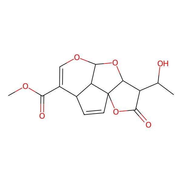 2D Structure of methyl (1R,4R,8S,10S,11S,14S)-11-[(1S)-1-hydroxyethyl]-12-oxo-7,9,13-trioxatetracyclo[6.5.1.01,10.04,14]tetradeca-2,5-diene-5-carboxylate