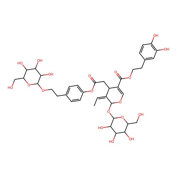 2D Structure of 2-(3,4-dihydroxyphenyl)ethyl 5-ethylidene-4-[2-oxo-2-[4-[2-[3,4,5-trihydroxy-6-(hydroxymethyl)oxan-2-yl]oxyethyl]phenoxy]ethyl]-6-[3,4,5-trihydroxy-6-(hydroxymethyl)oxan-2-yl]oxy-4H-pyran-3-carboxylate