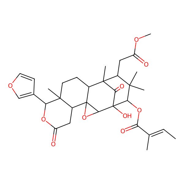 2D Structure of [9-(Furan-3-yl)-1-hydroxy-15-(2-methoxy-2-oxoethyl)-10,14,16,16-tetramethyl-7,18-dioxo-3,8-dioxapentacyclo[12.3.1.02,4.04,13.05,10]octadecan-17-yl] 2-methylbut-2-enoate