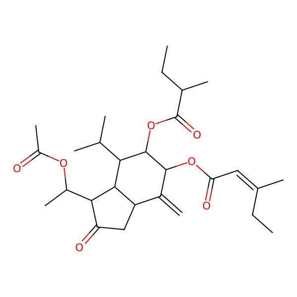 2D Structure of [(1S,3aR,5S,6R,7S,7aR)-1-[(1R)-1-acetyloxyethyl]-6-[(2S)-2-methylbutanoyl]oxy-4-methylidene-2-oxo-7-propan-2-yl-3,3a,5,6,7,7a-hexahydro-1H-inden-5-yl] (E)-3-methylpent-2-enoate