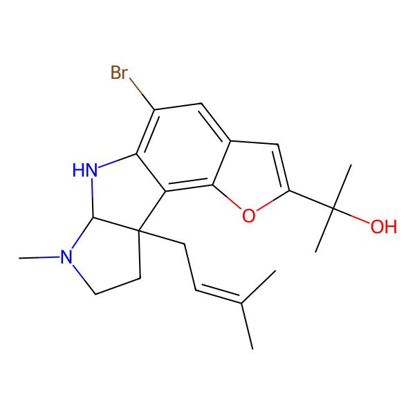 2D Structure of 2-[8-Bromo-12-methyl-15-(3-methylbut-2-enyl)-3-oxa-10,12-diazatetracyclo[7.6.0.02,6.011,15]pentadeca-1,4,6,8-tetraen-4-yl]propan-2-ol