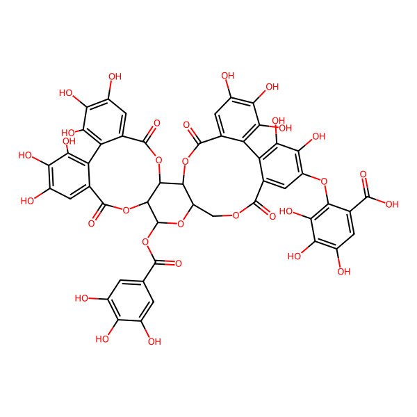 2D Structure of 3,4,5-trihydroxy-2-[[(1S,2R,19S,20S,22R)-7,8,9,12,13,14,29,30,33,34,35-undecahydroxy-4,17,25,38-tetraoxo-20-(3,4,5-trihydroxybenzoyl)oxy-3,18,21,24,39-pentaoxaheptacyclo[20.17.0.02,19.05,10.011,16.026,31.032,37]nonatriaconta-5,7,9,11,13,15,26,28,30,32,34,36-dodecaen-28-yl]oxy]benzoic acid