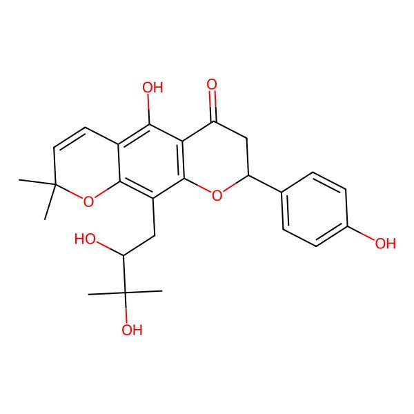 2D Structure of 10-(2,3-Dihydroxy-3-methylbutyl)-5-hydroxy-8-(4-hydroxyphenyl)-2,2-dimethyl-7,8-dihydropyrano[3,2-g]chromen-6-one