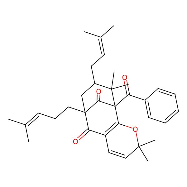 2D Structure of 1-Benzoyl-4,4,12,12-tetramethyl-11-(3-methylbut-2-enyl)-9-(4-methylpent-3-enyl)-3-oxatricyclo[7.3.1.02,7]trideca-2(7),5-diene-8,13-dione