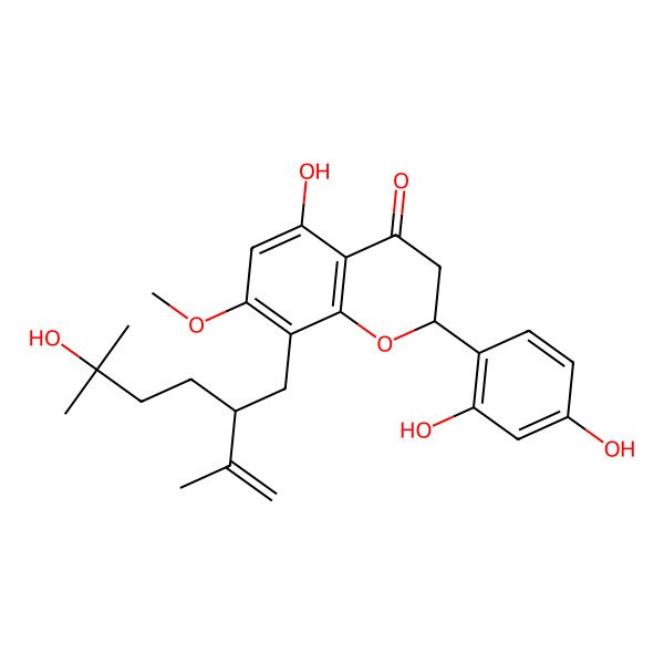 2D Structure of (2S)-2-(2,4-dihydroxyphenyl)-5-hydroxy-8-[(2R)-5-hydroxy-5-methyl-2-prop-1-en-2-ylhexyl]-7-methoxy-2,3-dihydrochromen-4-one