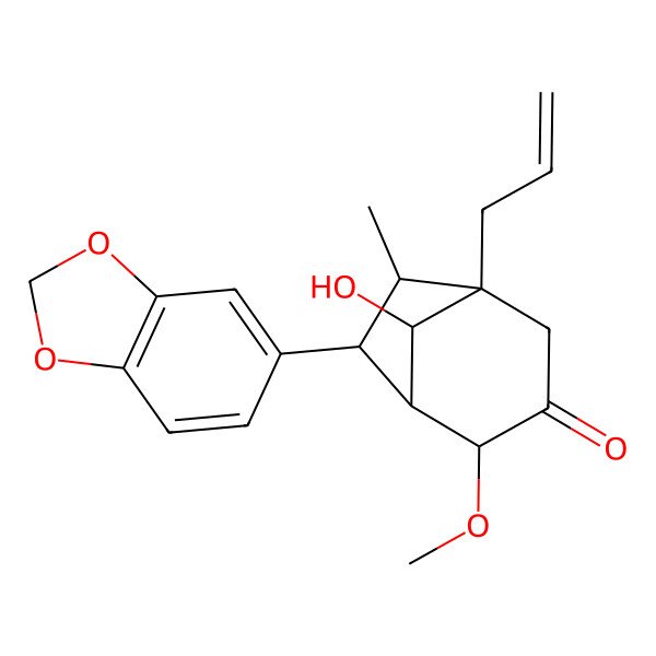 2D Structure of (1R,4R,5S,6R,7R)-6-(1,3-benzodioxol-5-yl)-8-hydroxy-4-methoxy-7-methyl-1-prop-2-enylbicyclo[3.2.1]octan-3-one