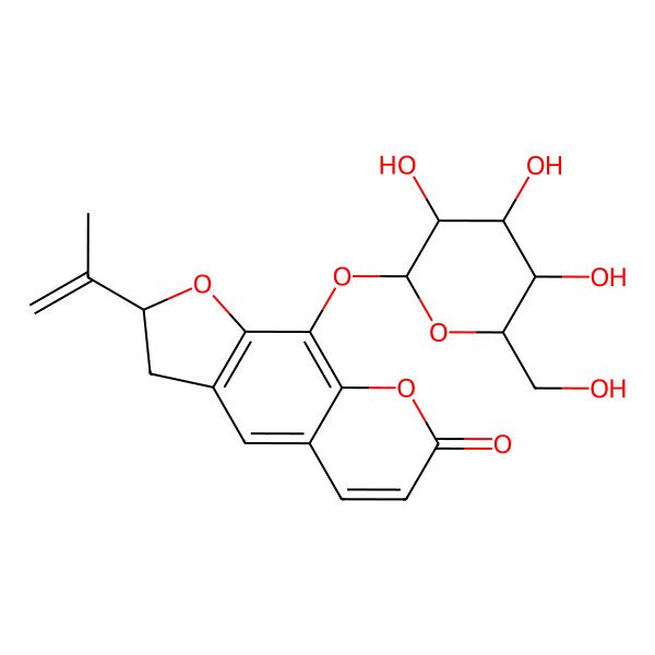 2D Structure of 7H-Furo[3,2-g][1]benzopyran-7-one, 9-(beta-D-glucopyranosyloxy)-2,3-dihydro-2-(1-methylethenyl)-, (R)-