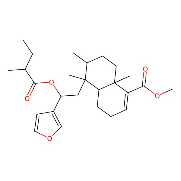 2D Structure of methyl (4aR,5S,6R,8aR)-5-[(2R)-2-(furan-3-yl)-2-[(2R)-2-methylbutanoyl]oxyethyl]-5,6,8a-trimethyl-3,4,4a,6,7,8-hexahydronaphthalene-1-carboxylate