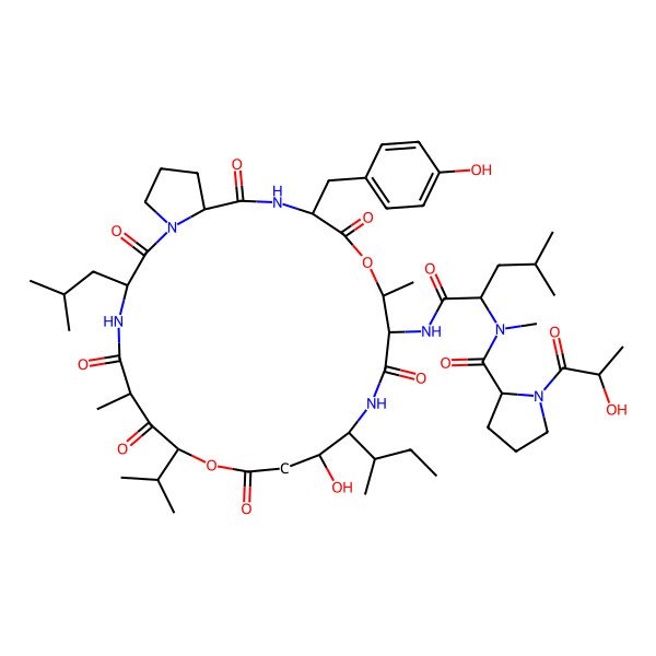 2D Structure of (2S)-N-[(2R)-1-[[(3S,6R,8S,12S,13R,16S,17R,20S,23S)-13-[(2S)-butan-2-yl]-12-hydroxy-20-[(4-hydroxyphenyl)methyl]-6,17-dimethyl-3-(2-methylpropyl)-2,5,7,10,15,19,22-heptaoxo-8-propan-2-yl-9,18-dioxa-1,4,14,21-tetrazabicyclo[21.3.0]hexacosan-16-yl]amino]-4-methyl-1-oxopentan-2-yl]-1-[(2S)-2-hydroxypropanoyl]-N-methylpyrrolidine-2-carboxamide