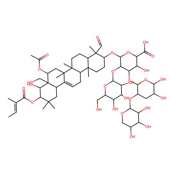 2D Structure of 6-[[8-Acetyloxy-4-formyl-9-hydroxy-8a-(hydroxymethyl)-4,6a,6b,11,11,14b-hexamethyl-10-(2-methylbut-2-enoyloxy)-1,2,3,4a,5,6,7,8,9,10,12,12a,14,14a-tetradecahydropicen-3-yl]oxy]-4-[5,6-dihydroxy-3-(3,4,5-trihydroxyoxan-2-yl)oxyoxan-2-yl]oxy-3-hydroxy-5-[3,4,5-trihydroxy-6-(hydroxymethyl)oxan-2-yl]oxyoxane-2-carboxylic acid