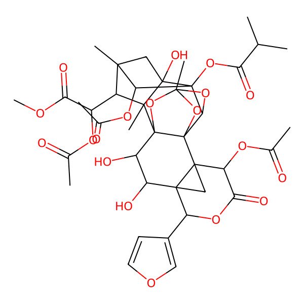 2D Structure of [(1S,2S,3S,4R,5R,8S,9R,10S,12R,14R,15R,16S,18S,19R,20S,22R)-8,22-diacetyloxy-19-[(1S)-1-acetyloxy-2-methoxy-2-oxoethyl]-5-(furan-3-yl)-2,3,16-trihydroxy-12,18,20-trimethyl-7-oxo-6,11,13,21-tetraoxaoctacyclo[10.8.1.14,9.115,18.01,10.04,9.010,14.016,20]tricosan-15-yl] 2-methylpropanoate
