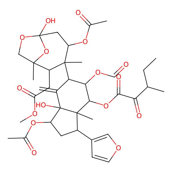 2D Structure of [(1R,3S,3aR,4R,5R,6R,7aS)-1-acetyloxy-6-[(1S,2R,3R,4S,6S)-4-acetyloxy-6-hydroxy-2-(2-methoxy-2-oxoethyl)-1,3-dimethyl-7,9-dioxabicyclo[4.2.1]nonan-3-yl]-5-formyloxy-3-(furan-3-yl)-7a-hydroxy-3a-methyl-7-methylidene-1,2,3,4,5,6-hexahydroinden-4-yl] (3R)-3-methyl-2-oxopentanoate