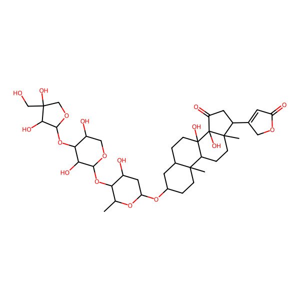 2D Structure of 3-[3-[5-[4-[3,4-dihydroxy-4-(hydroxymethyl)oxolan-2-yl]oxy-3,5-dihydroxyoxan-2-yl]oxy-4-hydroxy-6-methyloxan-2-yl]oxy-8,14-dihydroxy-10,13-dimethyl-15-oxo-1,2,3,4,5,6,7,9,11,12,16,17-dodecahydrocyclopenta[a]phenanthren-17-yl]-2H-furan-5-one