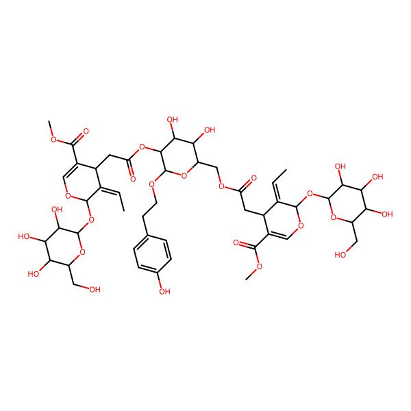 2D Structure of methyl (4S,5E,6S)-5-ethylidene-4-[2-[[(2R,3S,4S,5R,6R)-5-[2-[(2S,3E,4S)-3-ethylidene-5-methoxycarbonyl-2-[(2S,3R,4S,5S,6R)-3,4,5-trihydroxy-6-(hydroxymethyl)oxan-2-yl]oxy-4H-pyran-4-yl]acetyl]oxy-3,4-dihydroxy-6-[2-(4-hydroxyphenyl)ethoxy]oxan-2-yl]methoxy]-2-oxoethyl]-6-[(2S,3R,4S,5S,6R)-3,4,5-trihydroxy-6-(hydroxymethyl)oxan-2-yl]oxy-4H-pyran-3-carboxylate