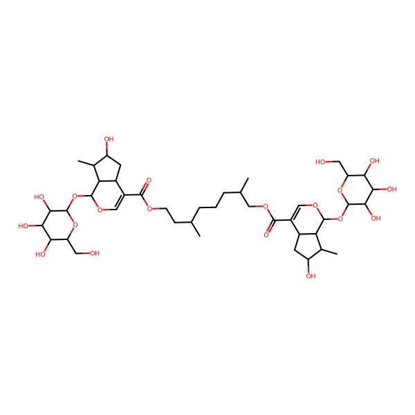 2D Structure of [(3R,7S)-8-[(1S,4aS,6S,7S,7aS)-6-hydroxy-7-methyl-1-[(2S,3R,4S,5S,6R)-3,4,5-trihydroxy-6-(hydroxymethyl)oxan-2-yl]oxy-1,4a,5,6,7,7a-hexahydrocyclopenta[c]pyran-4-carbonyl]oxy-3,7-dimethyloctyl] (1S,4aS,6S,7S,7aS)-6-hydroxy-7-methyl-1-[(2S,3R,4S,5S,6R)-3,4,5-trihydroxy-6-(hydroxymethyl)oxan-2-yl]oxy-1,4a,5,6,7,7a-hexahydrocyclopenta[c]pyran-4-carboxylate