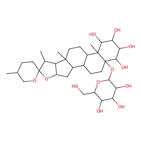 2D Structure of (1S,2S,4S,5'R,6R,7S,8R,9S,12S,13S,14S,15S,16S,17S,18R)-5',7,9,13-tetramethyl-18-[(2S,3R,4S,5S,6R)-3,4,5-trihydroxy-6-(hydroxymethyl)oxan-2-yl]oxyspiro[5-oxapentacyclo[10.8.0.02,9.04,8.013,18]icosane-6,2'-oxane]-14,15,16,17-tetrol