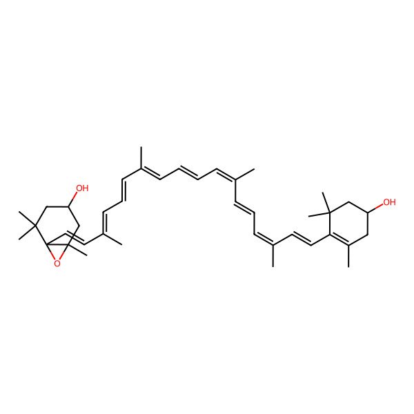 2D Structure of (1R,3S,6S)-6-[(1E,3E,5E,7E,9Z,11E,13E,15E,17E)-18-[(4R)-4-hydroxy-2,6,6-trimethylcyclohexen-1-yl]-3,7,12,16-tetramethyloctadeca-1,3,5,7,9,11,13,15,17-nonaenyl]-1,5,5-trimethyl-7-oxabicyclo[4.1.0]heptan-3-ol