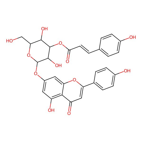 2D Structure of [(2S,3R,4S,5R,6R)-3,5-dihydroxy-2-[5-hydroxy-2-(4-hydroxyphenyl)-4-oxochromen-7-yl]oxy-6-(hydroxymethyl)oxan-4-yl] (Z)-3-(4-hydroxyphenyl)prop-2-enoate