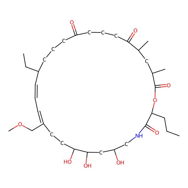 2D Structure of 16-Ethyl-6,8,9-trihydroxy-12-(methoxymethyl)-25,27-dimethyl-2-propyl-1-oxa-4-azacyclooctacosa-12,14-diene-3,20,24,28-tetrone