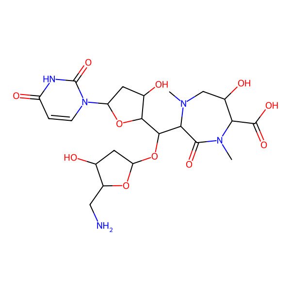 2D Structure of 2-[[5-(Aminomethyl)-4-hydroxyoxolan-2-yl]oxy-[5-(2,4-dioxopyrimidin-1-yl)-3-hydroxyoxolan-2-yl]methyl]-6-hydroxy-1,4-dimethyl-3-oxo-1,4-diazepane-5-carboxylic acid