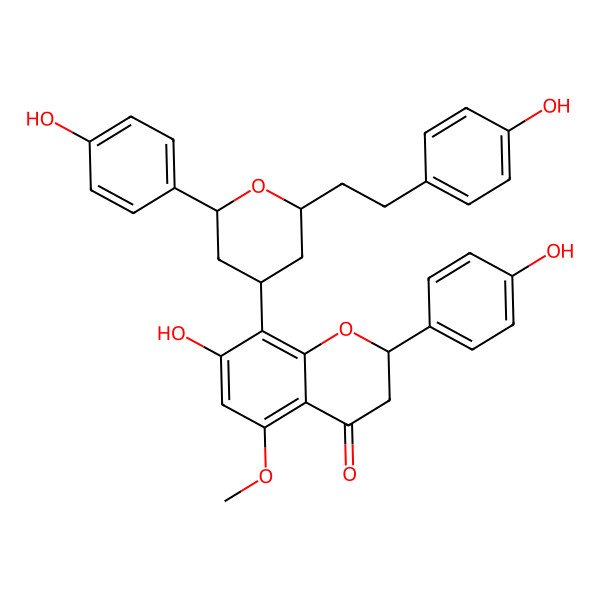2D Structure of 7-hydroxy-2-(4-hydroxyphenyl)-8-[(2R,4R,6S)-2-(4-hydroxyphenyl)-6-[2-(4-hydroxyphenyl)ethyl]oxan-4-yl]-5-methoxy-2,3-dihydrochromen-4-one