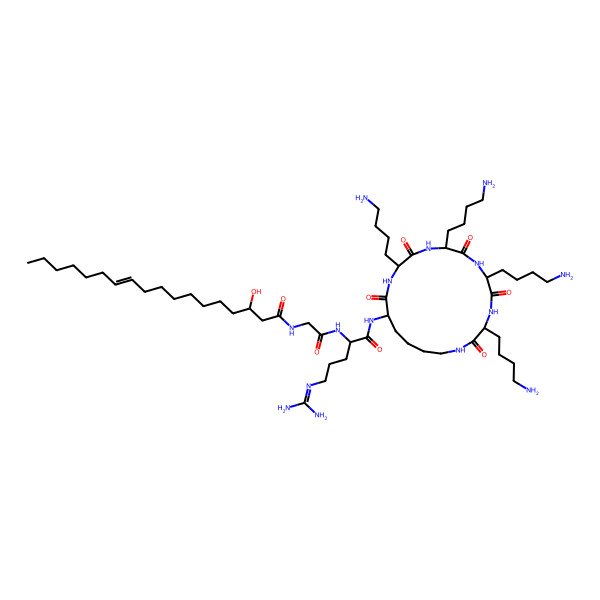 2D Structure of N-[2-[[5-(diaminomethylideneamino)-1-oxo-1-[[3,6,9,12-tetrakis(4-aminobutyl)-2,5,8,11,14-pentaoxo-1,4,7,10,13-pentazacyclononadec-15-yl]amino]pentan-2-yl]amino]-2-oxoethyl]-3-hydroxyoctadec-11-enamide