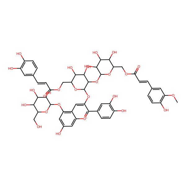 2D Structure of [(2S,3S,4R,5R,6S)-6-[2-(3,4-dihydroxyphenyl)-7-hydroxy-5-[(2S,3R,4S,5S,6S)-3,4,5-trihydroxy-6-(hydroxymethyl)oxan-2-yl]oxychromenylium-3-yl]oxy-3,4-dihydroxy-5-[(2S,3R,4R,5S,6S)-3,4,5-trihydroxy-6-[3-(4-hydroxy-3-methoxyphenyl)prop-2-enoyloxymethyl]oxan-2-yl]oxyoxan-2-yl]methyl 3-(3,4-dihydroxyphenyl)prop-2-enoate