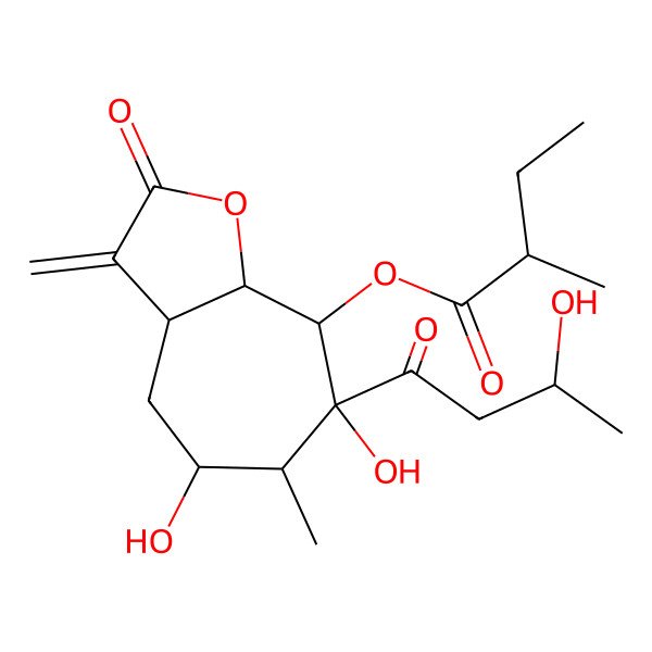 2D Structure of [5,7-Dihydroxy-7-(3-hydroxybutanoyl)-6-methyl-3-methylidene-2-oxo-3a,4,5,6,8,8a-hexahydrocyclohepta[b]furan-8-yl] 2-methylbutanoate