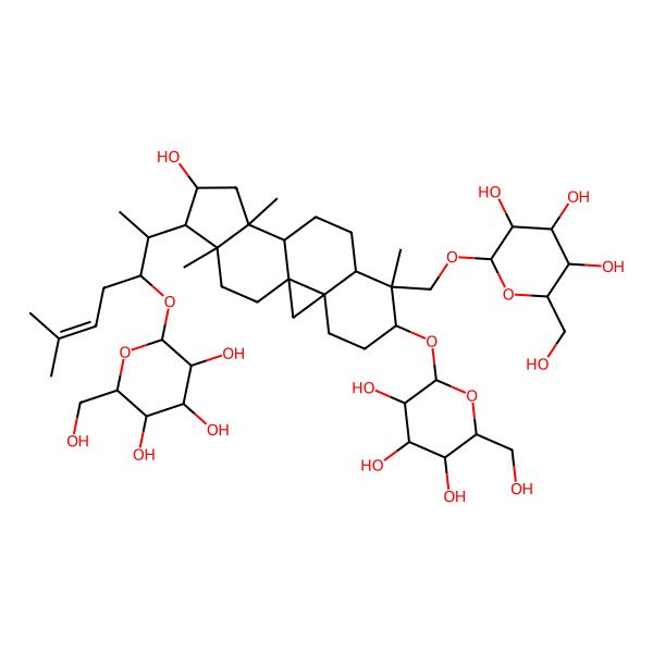 2D Structure of 2-(Hydroxymethyl)-6-[[14-hydroxy-7,12,16-trimethyl-15-[6-methyl-3-[3,4,5-trihydroxy-6-(hydroxymethyl)oxan-2-yl]oxyhept-5-en-2-yl]-6-[3,4,5-trihydroxy-6-(hydroxymethyl)oxan-2-yl]oxy-7-pentacyclo[9.7.0.01,3.03,8.012,16]octadecanyl]methoxy]oxane-3,4,5-triol
