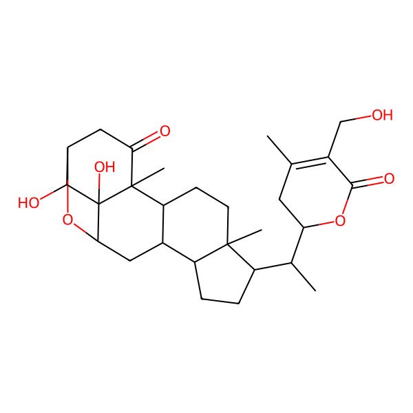 2D Structure of 16,17-Dihydroxy-7-[1-[5-(hydroxymethyl)-4-methyl-6-oxo-2,3-dihydropyran-2-yl]ethyl]-8,12-dimethyl-18-oxapentacyclo[13.2.1.03,11.04,8.012,17]octadecan-13-one